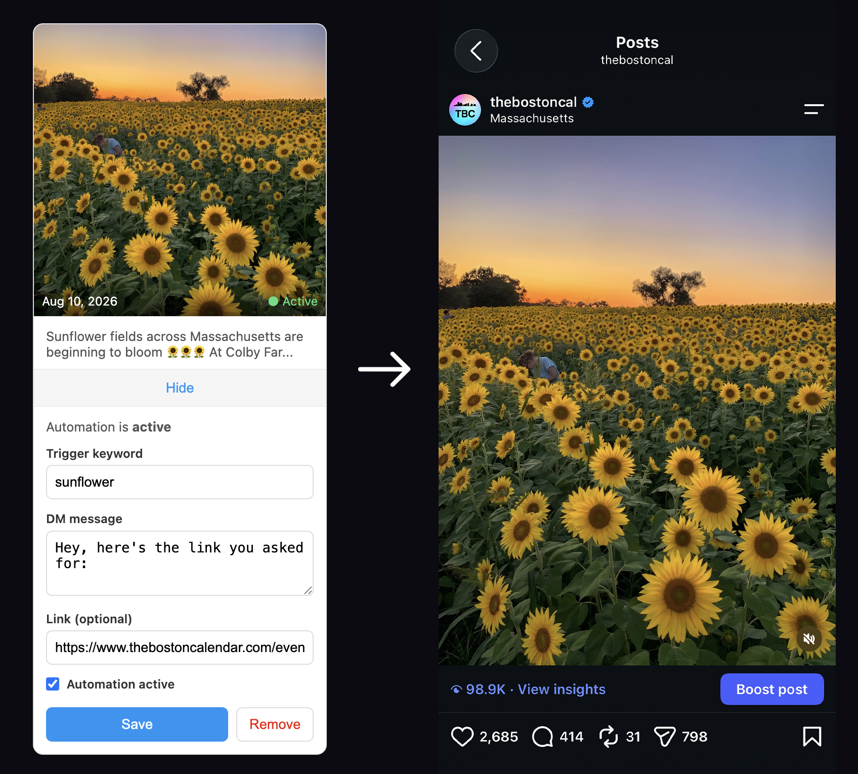 Comment-to-link automation: setup UI alongside a live @thebostoncal post with 98.9K views